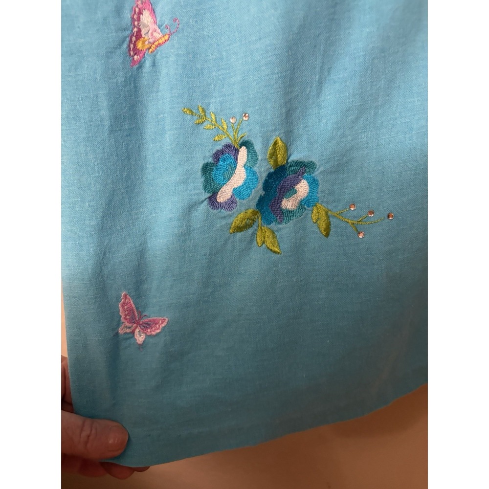Vintage Erika Linen Blend Embroidered Butterfly Midi Shirtdress Blue Aqua 90s - Picture 5 of 11
